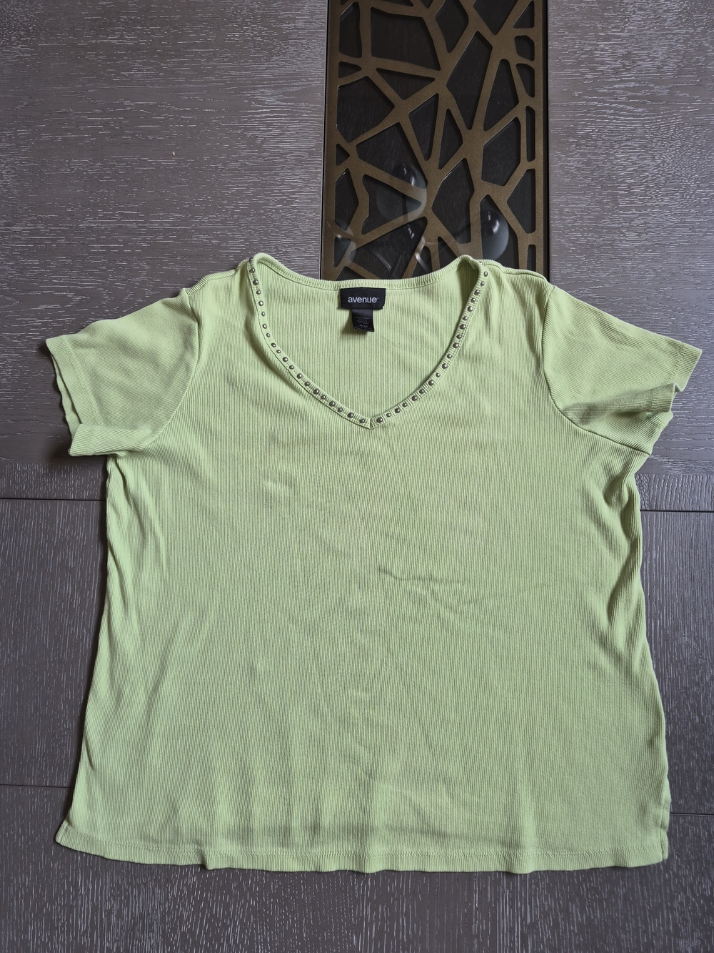Avenue Lime Green V-Neck Short Sleeve Top with Stud Trim